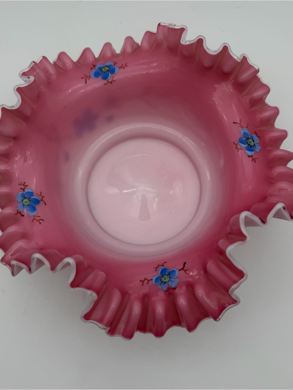 Vintage Pink Hand-Painted Ruffled Glass Bridal Basket with Blue Floral Accents